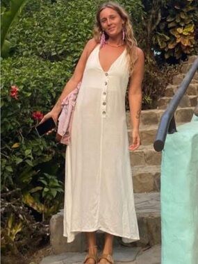Linen Blend White Summer Maxi Dress